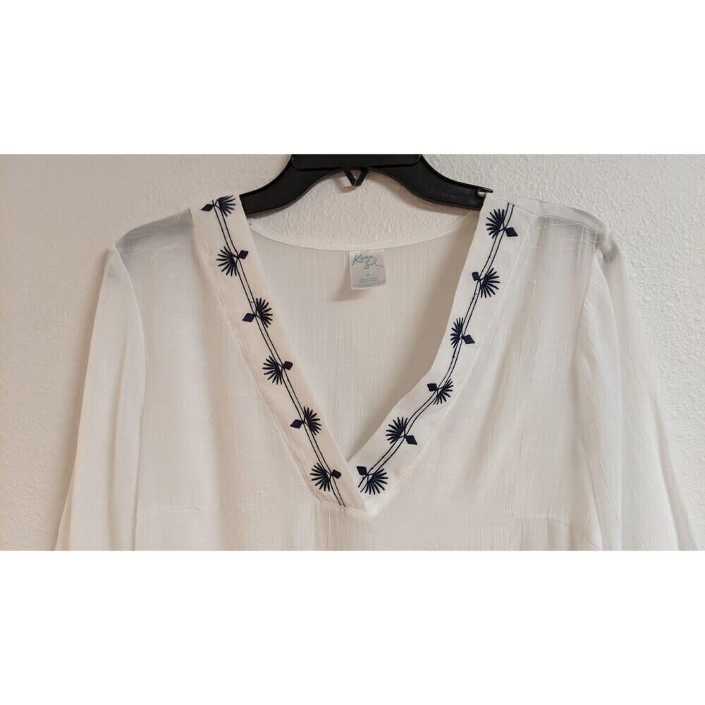 Women's Kona Sol Rayon Blend White Swimsuit Cover-Up Navy Embroidered Neckline M - Picture 2 of 9